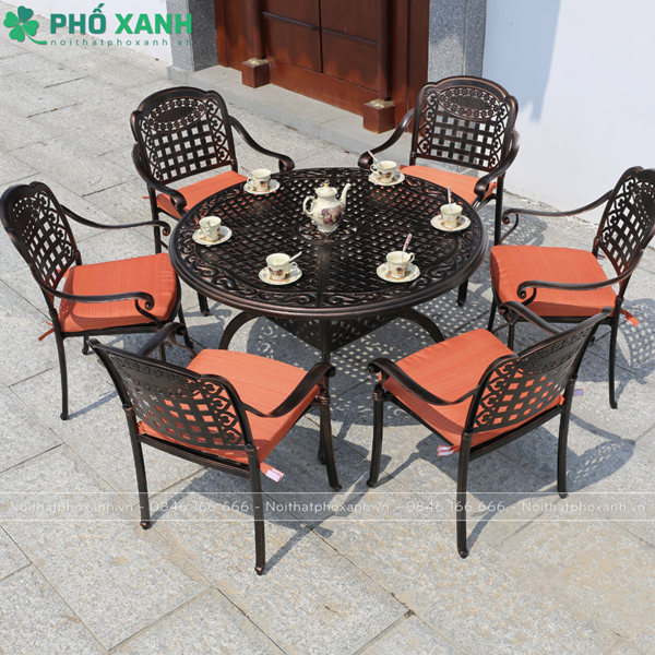 Bộ bàn ghế nhôm đúc màu đen đồng sử dụng cho sân vườn biệt thự BND-120D