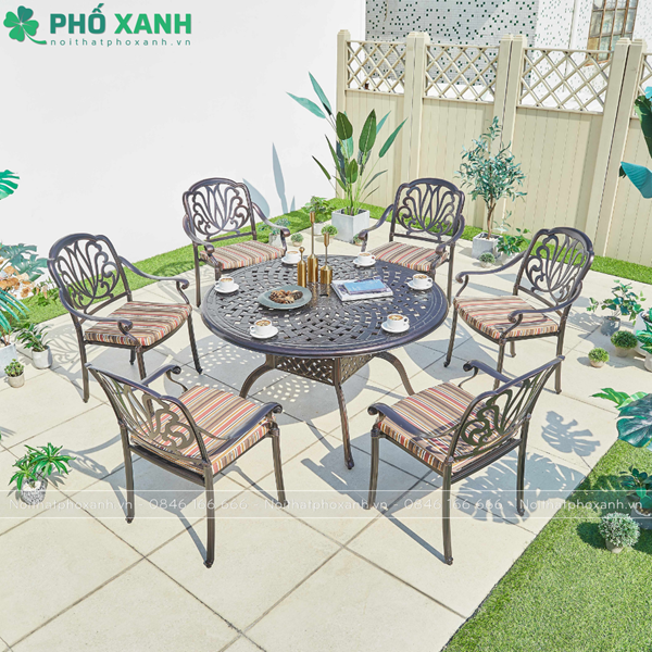 Bộ bàn ghế nhôm đúc màu đen đồng sử dụng cho sân vườn biệt thự BND-120D