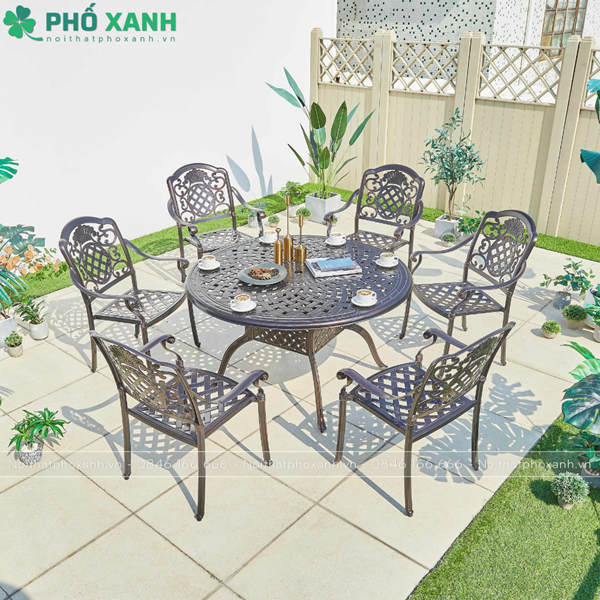 Bộ bàn ghế nhôm đúc màu đen đồng sử dụng cho sân vườn biệt thự BND-120D
