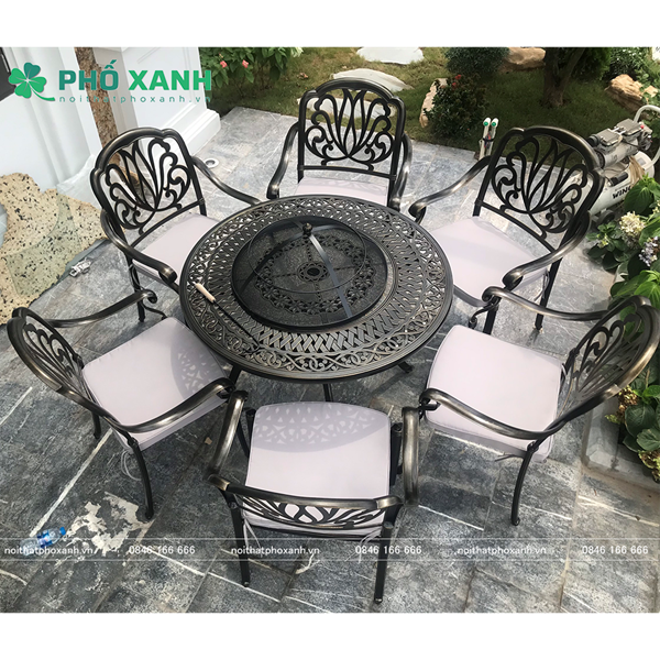 Bộ bàn ghế nhôm đúc tròn kết hợp nướng BBQ sân vườn biệt thự BND-N106D