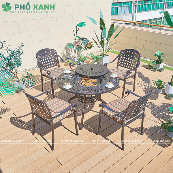 Bộ bàn ghế nhôm đúc tròn kết hợp nướng BBQ sân vườn biệt thự BND-N106D