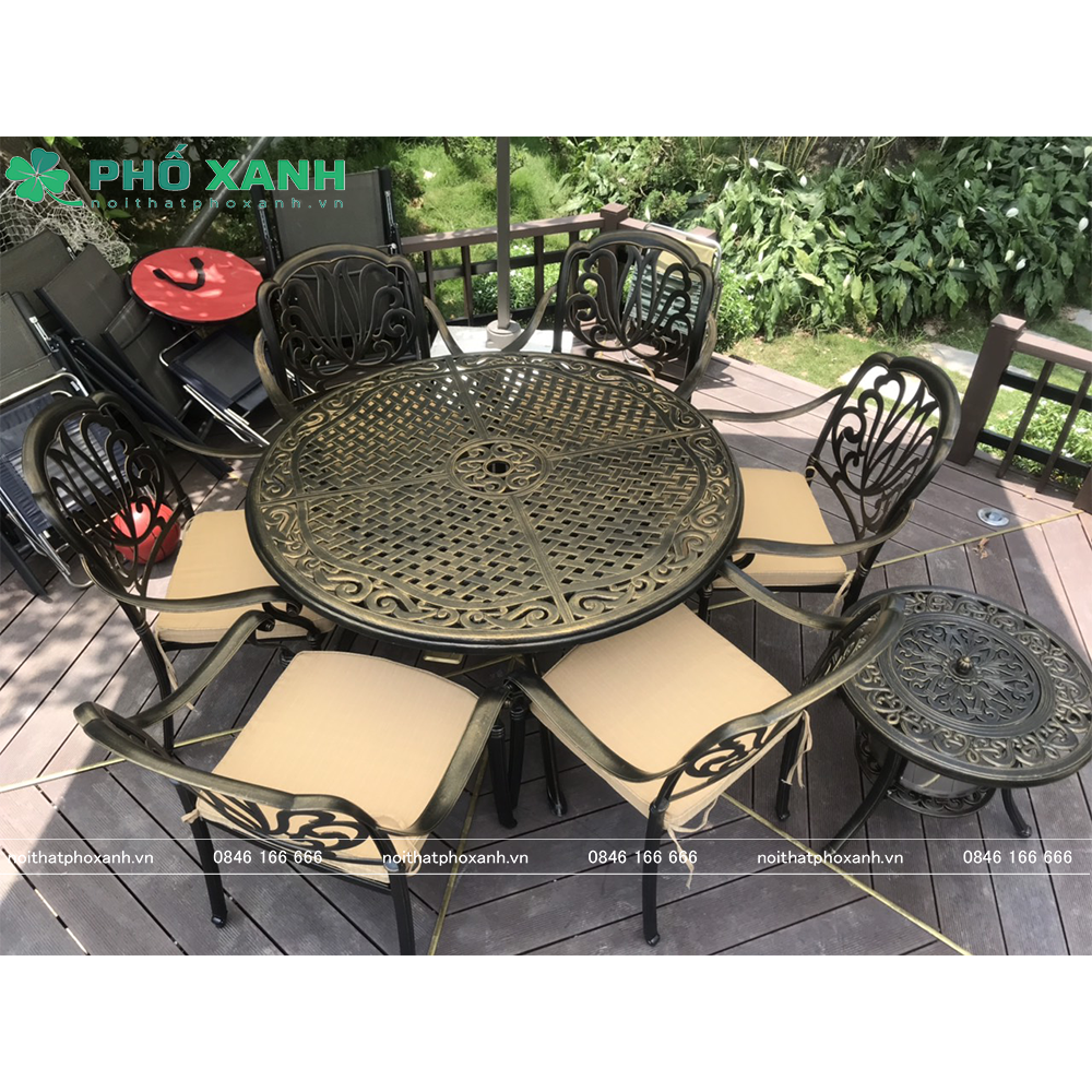 Bộ bàn ghế nhôm đúc màu đen đồng sử dụng cho sân vườn biệt thự BND-120D