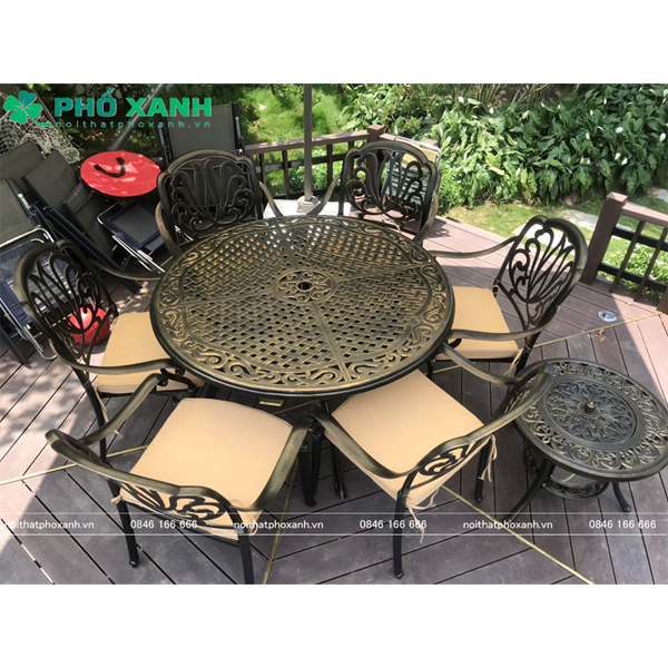 Bộ bàn ghế nhôm đúc màu đen đồng sử dụng cho sân vườn biệt thự BND-120D