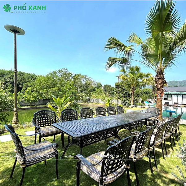 Bộ bàn ghế nhôm đúc hình chữ nhật kết hợp 6 đến 8 ghế BND-17090D