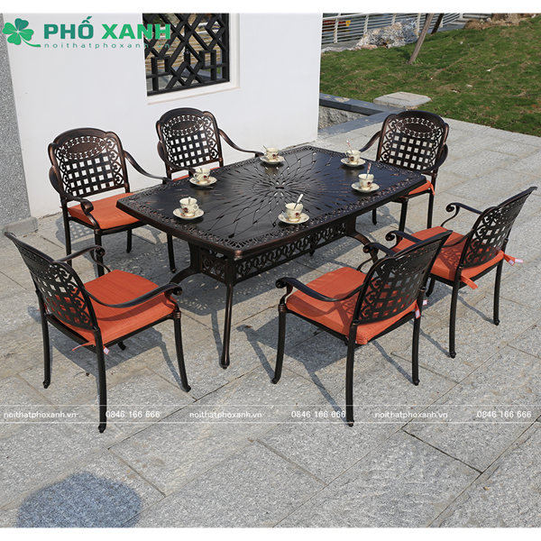 Bộ bàn ghế nhôm đúc biệt thự sân vườn hình chữ nhật 6 ghế BND-L1650105D