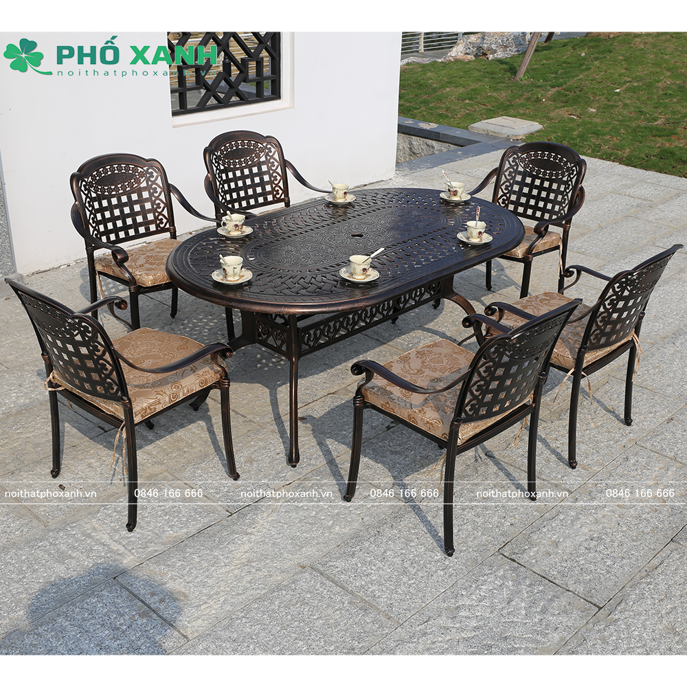 Bộ bàn ghế nhôm đúc sân vườn hình elip màu đen đồng BND-BD18090D