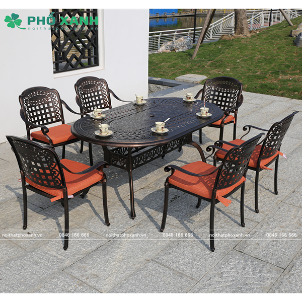 Bộ bàn ghế nhôm đúc sân vườn hình elip màu đen đồng BND-BD18090D