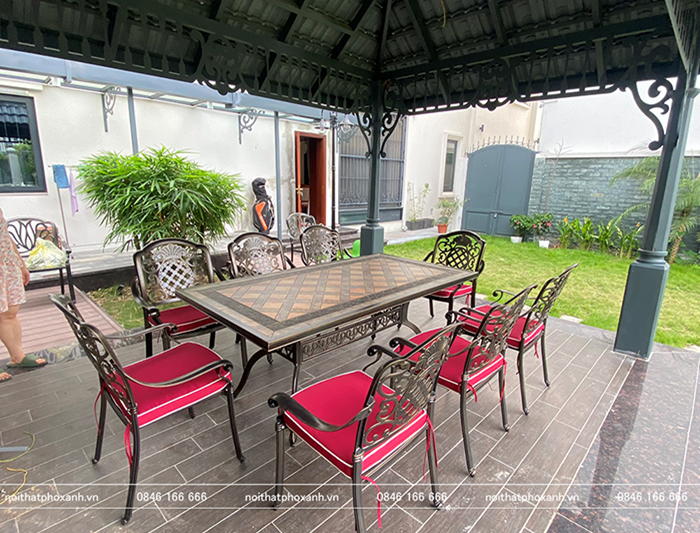 Bộ b&agrave;n ghế nh&ocirc;m đ&uacute;c mặt đ&aacute; 8 ghế nhập khẩu BND-MD18998VD