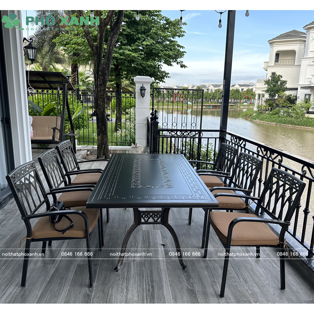 Bộ bàn ghế nhôm đúc mặt liền hình chữ nhật 6 ghế BND-ML19098VD
