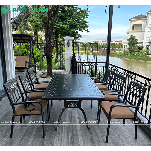 Bộ bàn ghế nhôm đúc mặt liền hình chữ nhật 6 ghế BND-ML19098VD