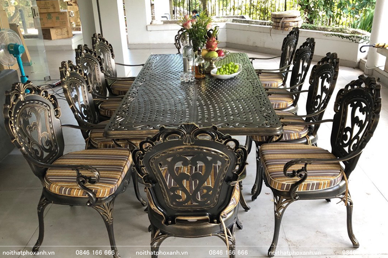 Bộ b&agrave;n ghế nh&ocirc;m đ&uacute;c s&acirc;n vườn h&igrave;nh chữ nhật BND-21001100TTD