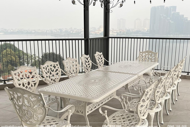 Bộ b&agrave;n ghế nh&ocirc;m đ&uacute;c s&acirc;n vườn h&igrave;nh chữ nhật 6 - 8 ghế BND-17090LHTK