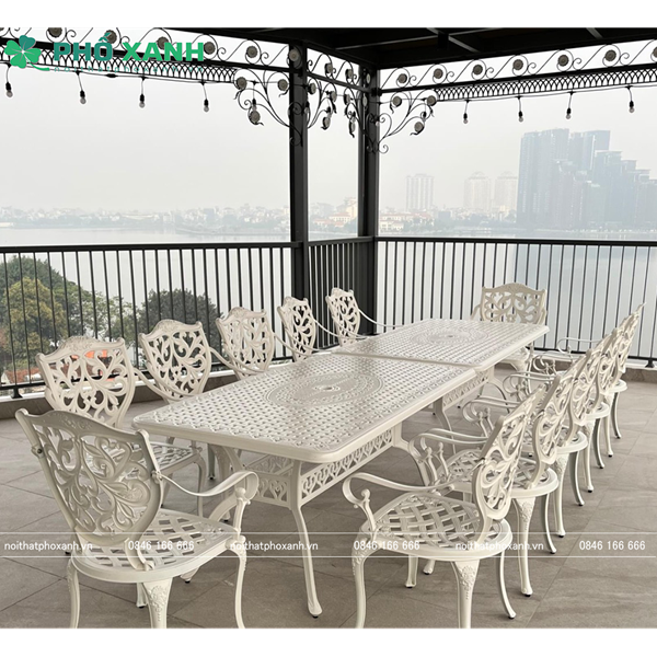 Bộ bàn ghế nhôm đúc sân vườn hình chữ nhật 6 - 8 ghế BND-17090LHTK