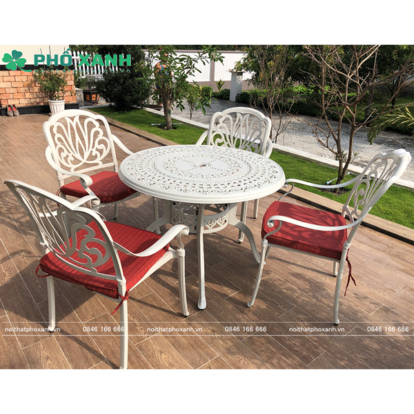 Bộ bàn ghế hợp kim nhôm đúc màu trắng ngoài trời BND-100TK