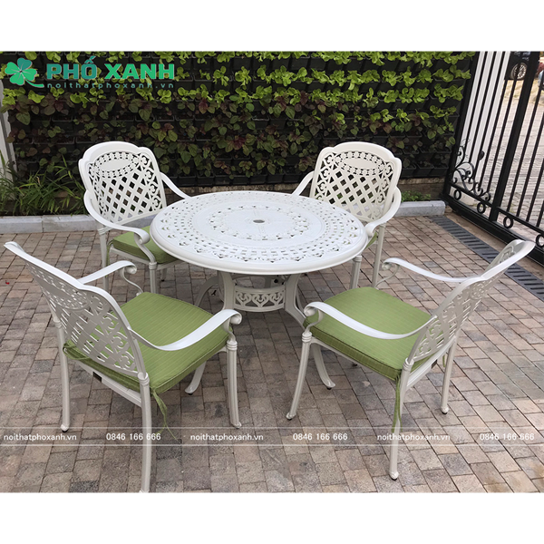 Bộ bàn ghế hợp kim nhôm đúc màu trắng ngoài trời BND-100TK