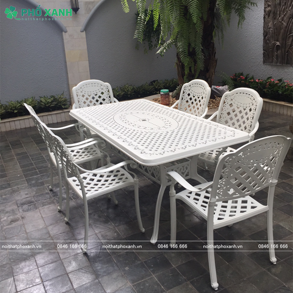 Bộ bàn ghế nhôm đúc sân vườn hình chữ nhật 6 - 8 ghế BND-17090TK