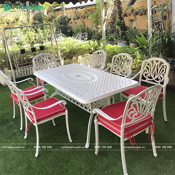 Bộ bàn ghế nhôm đúc sân vườn hình chữ nhật 6 - 8 ghế BND-17090TK