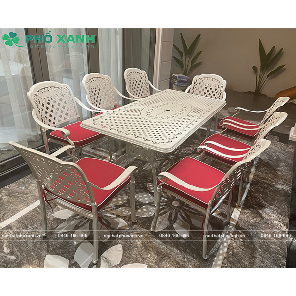 Bộ bàn ghế nhôm đúc sân vườn hình chữ nhật 6 - 8 ghế BND-17090TK