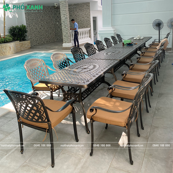 Bộ bàn ghế nhôm đúc hình chữ nhật kết hợp 6 đến 8 ghế BND-17090D