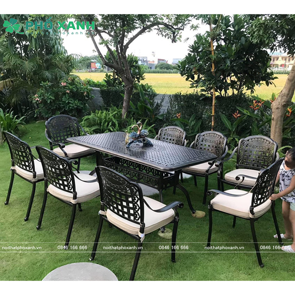 Bộ bàn ghế nhôm đúc hình chữ nhật kết hợp 6 đến 8 ghế BND-17090D