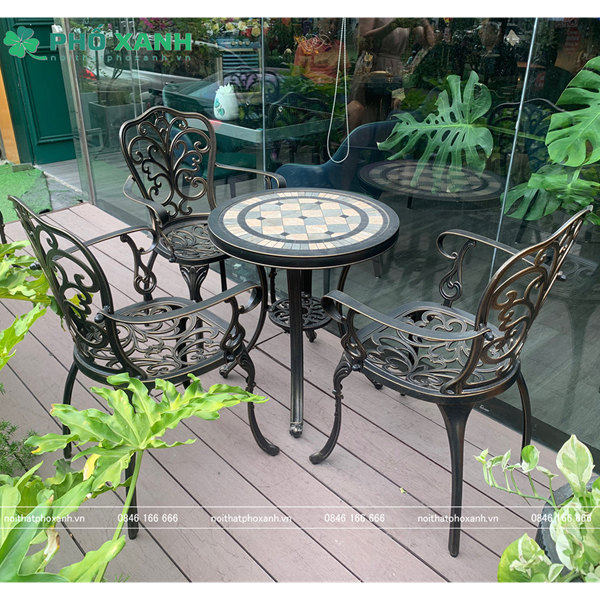 Bộ bàn ghế nhôm nhỏ sân vườn cafe mặt đá BND-MD70HDD