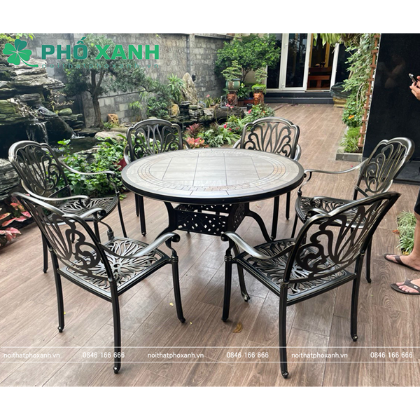 Bộ bàn ghế hợp kim nhôm đúc mặt đá dành cho sân vườn biệt thự BND-MD120D
