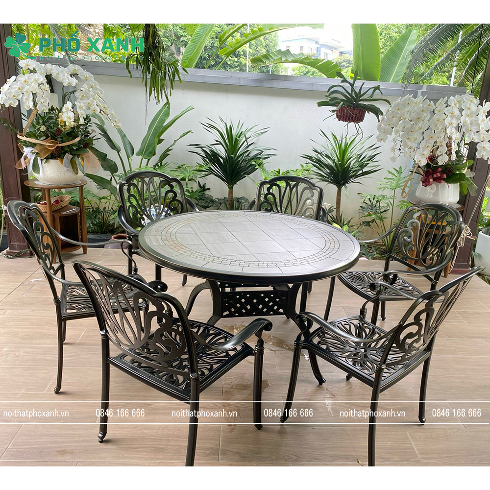 Bộ bàn ghế hợp kim nhôm đúc mặt đá dành cho sân vườn biệt thự BND-MD120D
