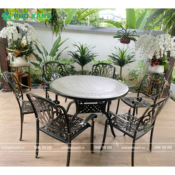 Bộ bàn ghế hợp kim nhôm đúc mặt đá dành cho sân vườn biệt thự BND-MD120D