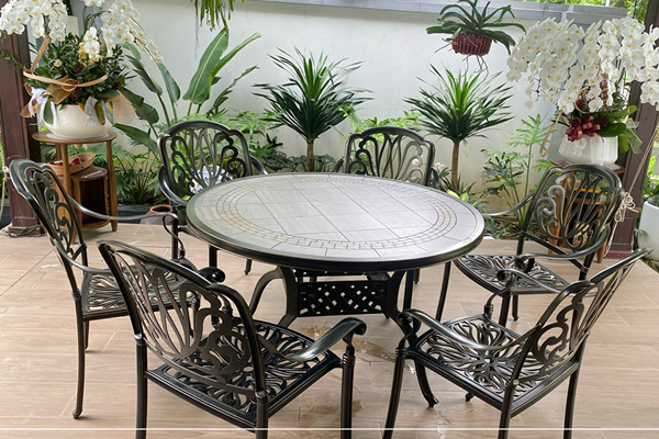 Bộ bàn ghế hợp kim nhôm đúc mặt đá dành cho sân vườn biệt thự BND-MD120D