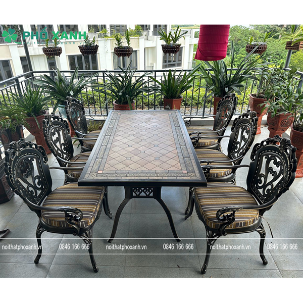 Bộ bàn ghế nhôm đúc mặt đá 6- 8 ghế nhập khẩu cao cấp BND-MD18998TTD