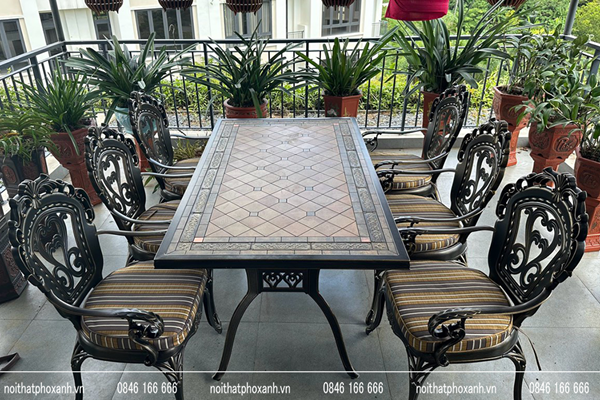Bộ bàn ghế nhôm đúc mặt đá 6- 8 ghế nhập khẩu cao cấp BND-MD18998TTD