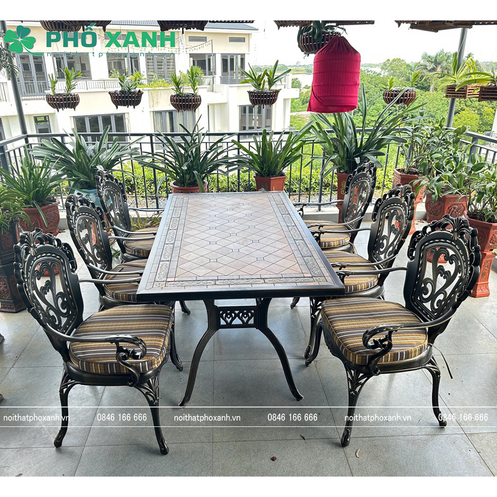Bộ bàn ghế nhôm đúc mặt đá 6- 8 ghế nhập khẩu cao cấp BND-MD18998TTD