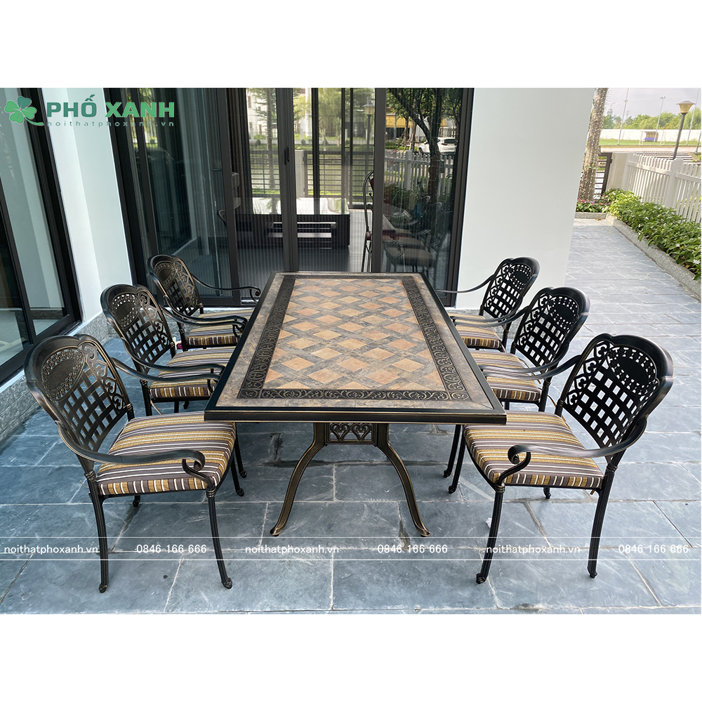 Bộ bàn ghế nhôm đúc mặt đá 8 ghế sân thượng BND-MD18998D