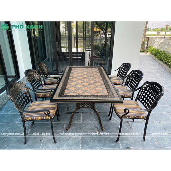 Bộ bàn ghế nhôm đúc mặt đá 8 ghế sân thượng BND-MD18998D