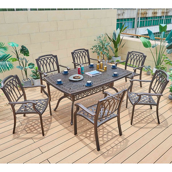 Bộ bàn ghế nhôm đúc biệt thự sân vườn hình chữ nhật 6 ghế BND-L1650105D