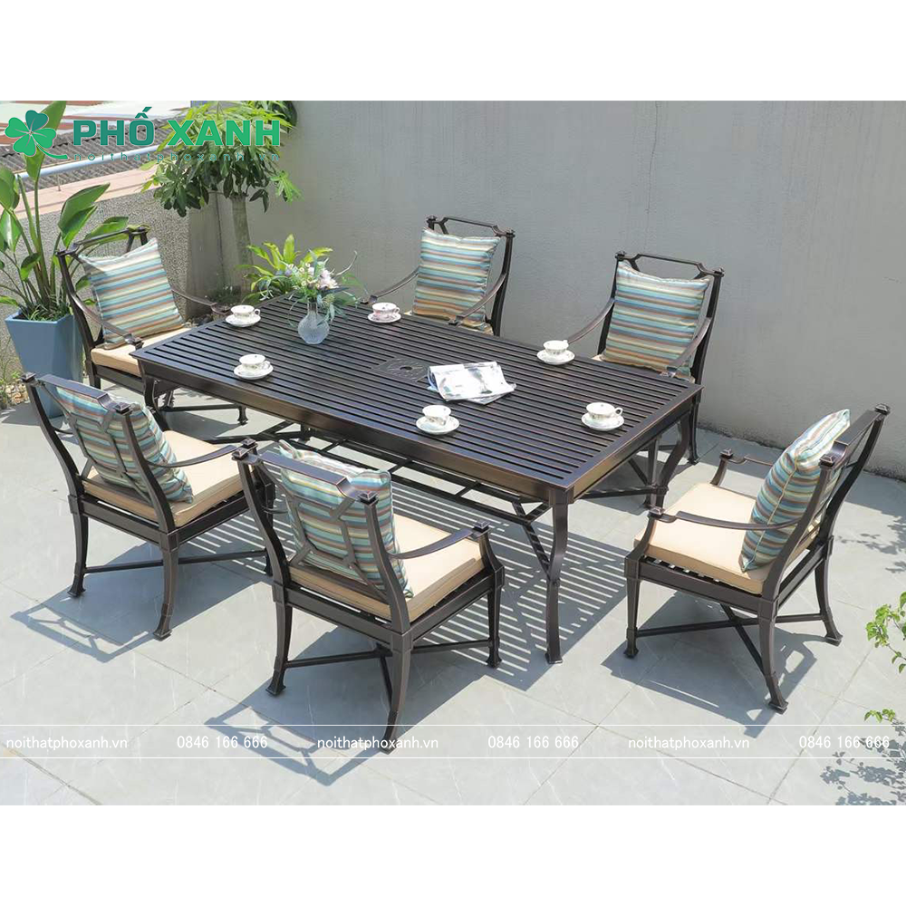 Bộ bàn ghế nhôm đúc sân vườn biệt thự nan nhôm đúc 6 ghế BND-NN213106D