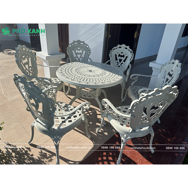 Bộ bàn ghế hợp kim nhôm đúc màu trắng 6 ghế dành cho sân thượng BND-100TTTK