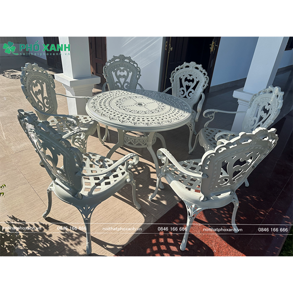 Bộ bàn ghế hợp kim nhôm đúc màu trắng 6 ghế dành cho sân thượng BND-100TTTK