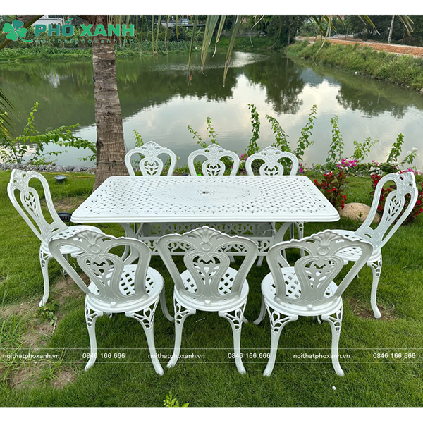 Bộ bàn ghế nhôm đúc ngoài trời hình chữ 6 - 8 ghế BND-17090NNTK
