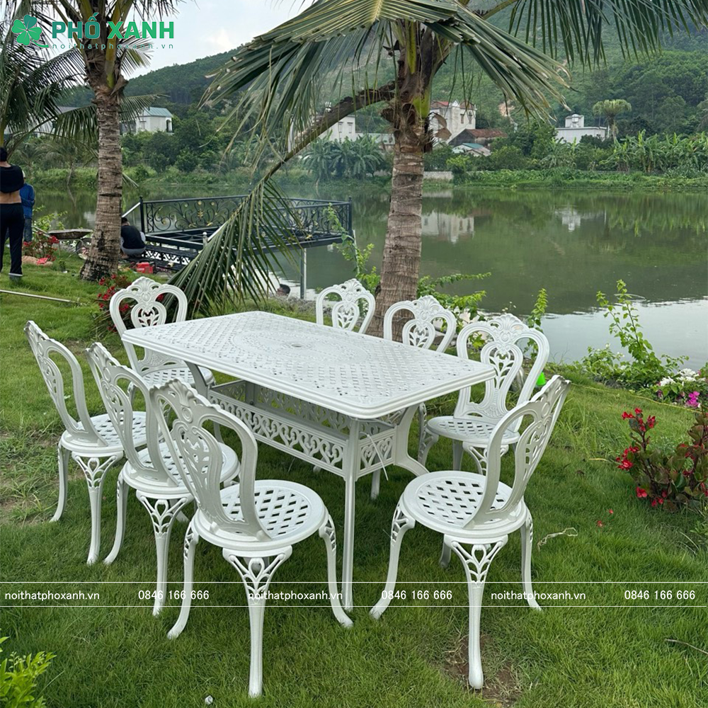 Bộ bàn ghế nhôm đúc ngoài trời hình chữ 6 - 8 ghế BND-17090NNTK