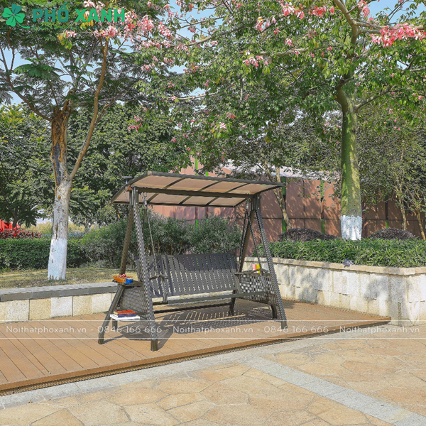 Xích đu ngoài trời nhập khẩu ba chỗ hợp kim nhôm có mái che năng lượng mặt trời XDNK-NL3C