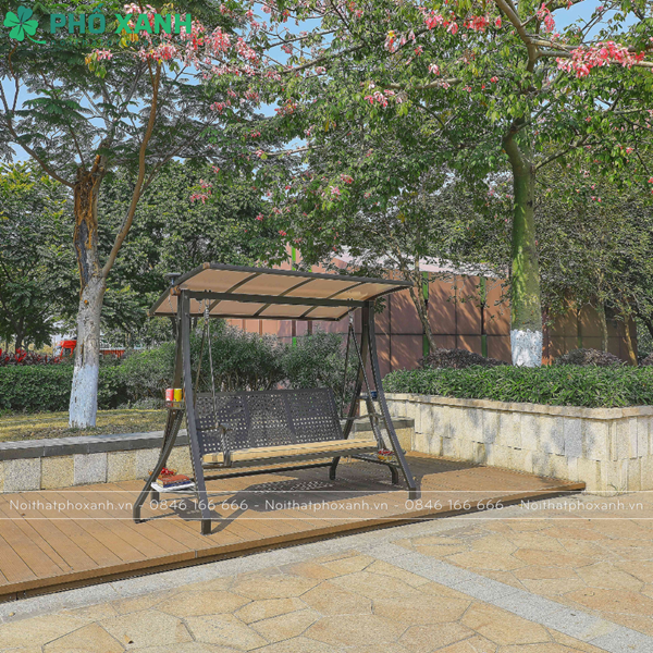 Xích đu ngoài trời nhập khẩu ba chỗ hợp kim nhôm có mái che năng lượng mặt trời XDNK-NL3C