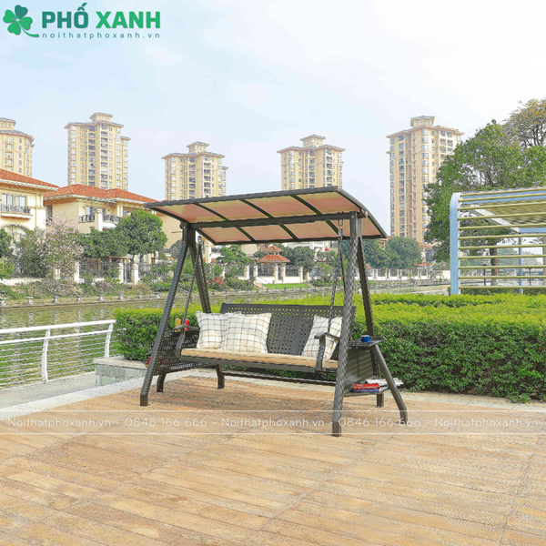 Xích đu ngoài trời nhập khẩu ba chỗ hợp kim nhôm có mái che năng lượng mặt trời XDNK-NL3C
