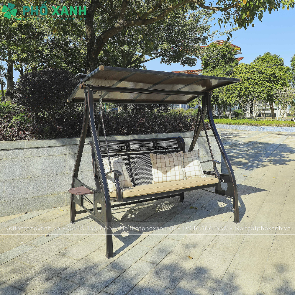 Xích đu nhôm đúc sân vườn mái che năng lượng mặt trời XDNK-3CNLNGANG