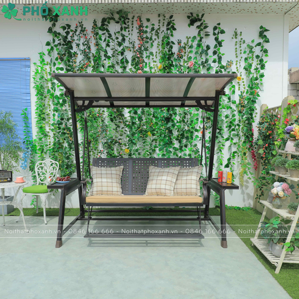Xích đu nhôm đúc ngoài trời có kê chân tích hợp mái che năg lượng mặt trời XDNK-DC-3CNL