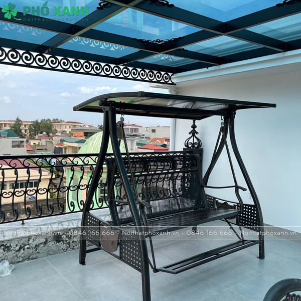 Xích đu nhôm đúc ngoài trời có kê chân tích hợp mái che năg lượng mặt trời XDNK-DC-3CNL