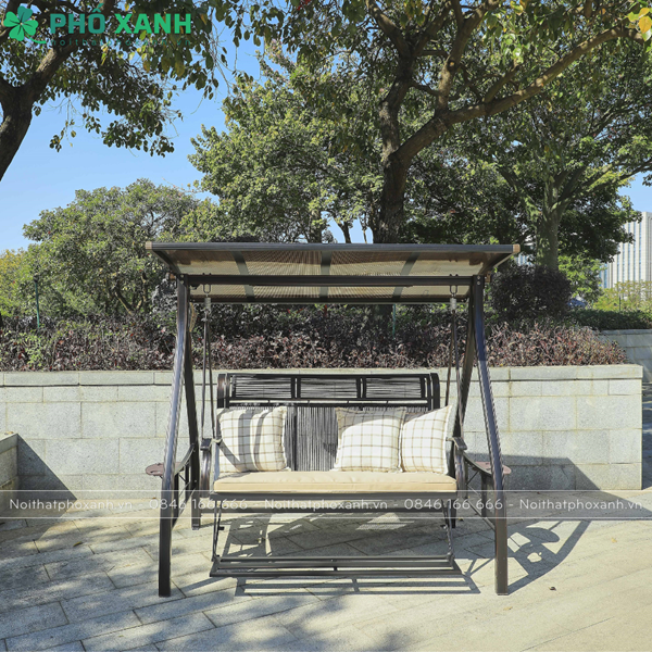 Xích đu nhôm đúc ngoài trời có kê chân tích hợp mái che năg lượng mặt trời XDNK-DC-3CNL