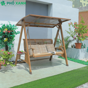 Xích đu nhập khẩu ba chỗ nhôm đúc màu gỗ tích hợp mái che năng lượng mặt trời XDNK3C-NLDCG