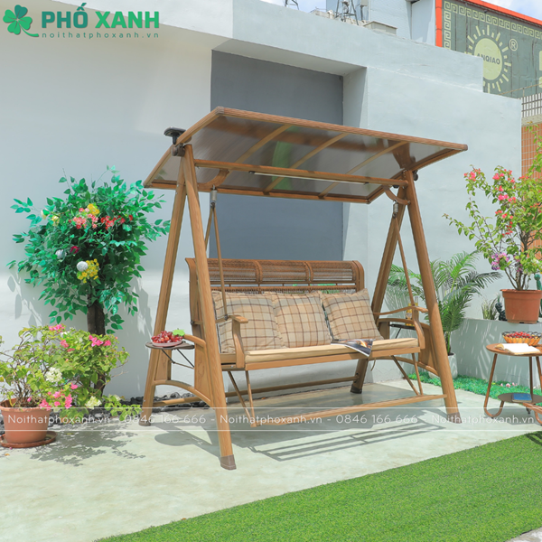 Xích đu nhập khẩu ba chỗ nhôm đúc màu gỗ tích hợp mái che năng lượng mặt trời XDNK3C-NLDCG
