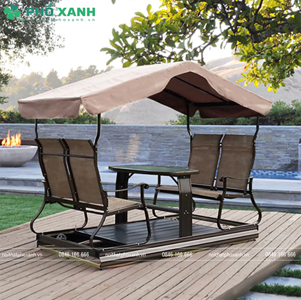 Xích đu 4 chỗ nhập khẩu có mái che phù hơp với không gian sân vườn và biệt thự